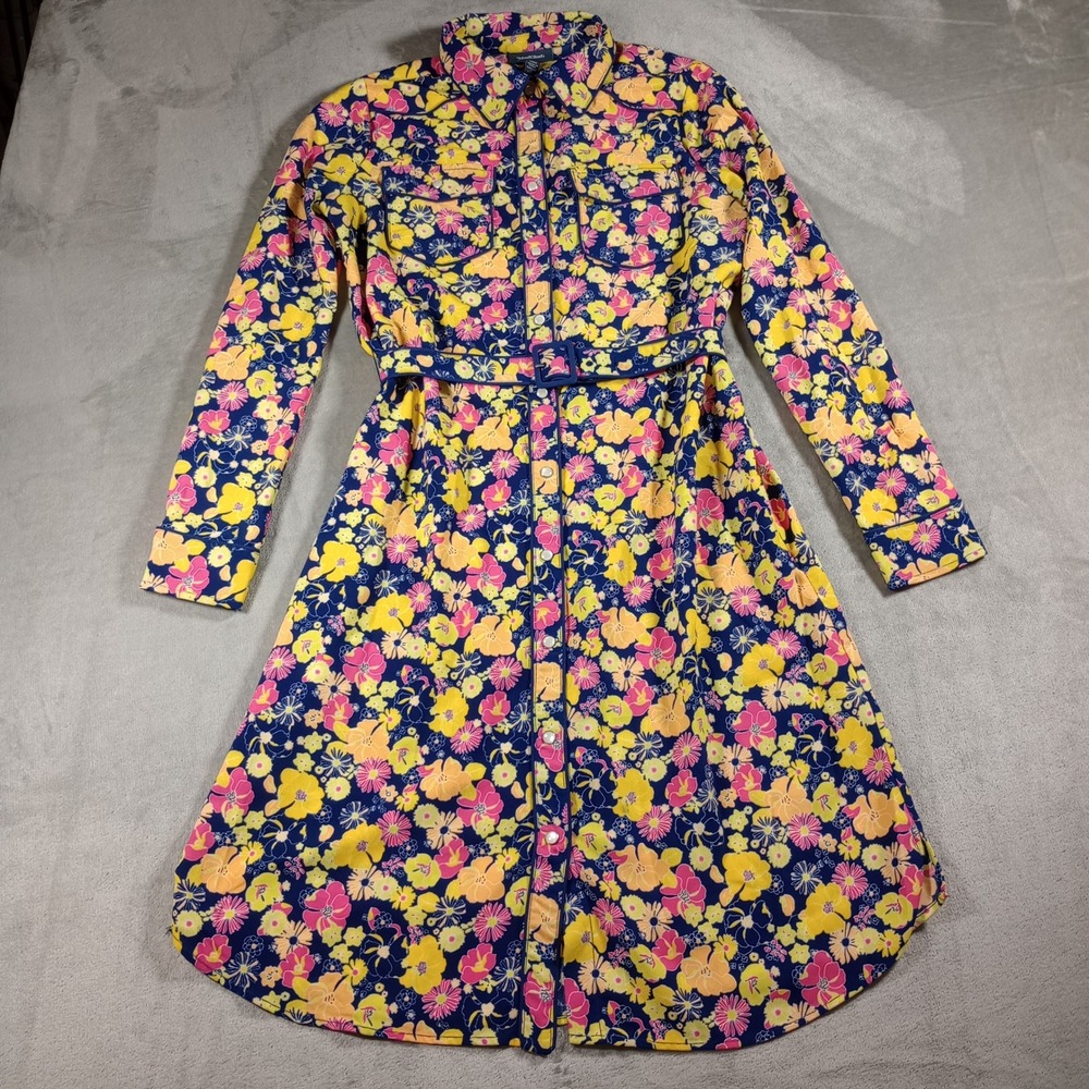 ModCloth Floral Western Shirt Dress Womens Medium Navy Pink Yellow Belted Retro